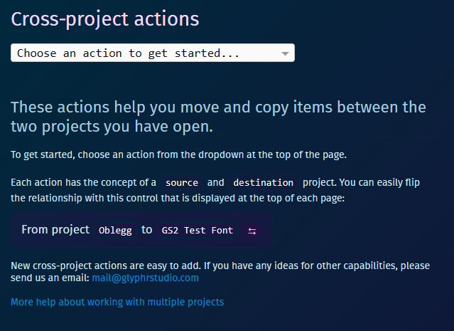 Welcome screen for Cross-project Actions